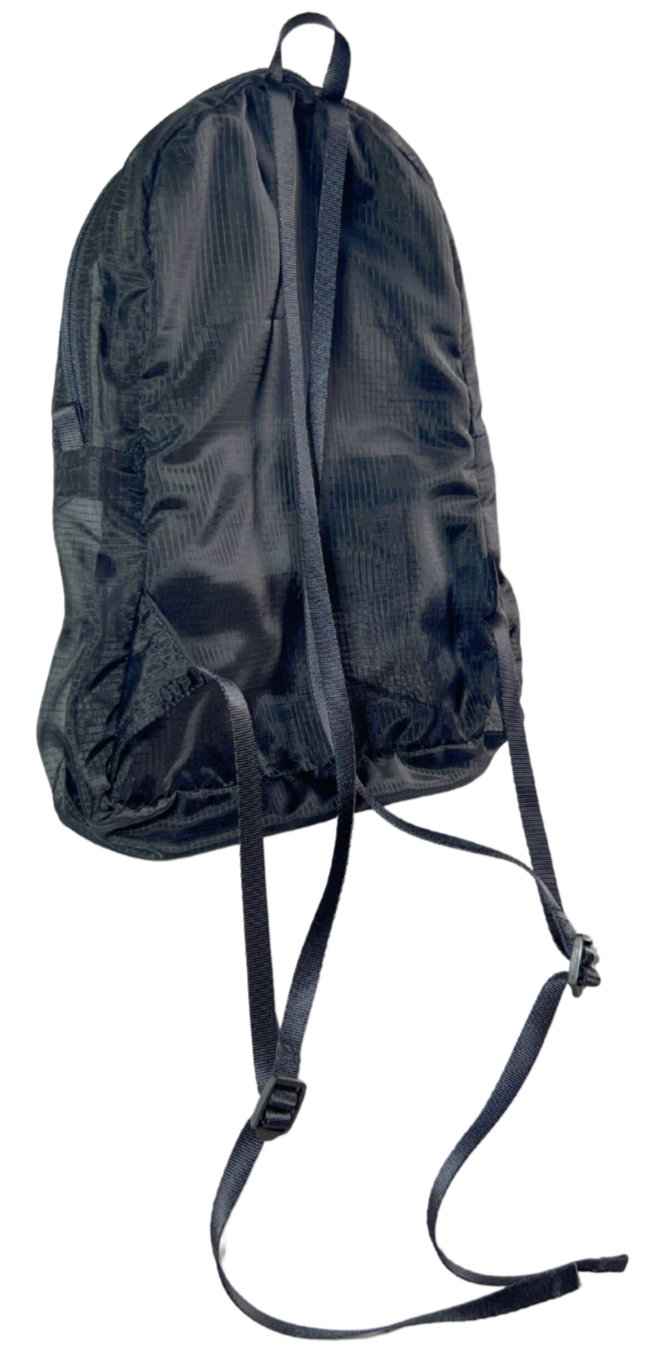 Back of the unisex MINImalist backpack. It is black in color and made of sheer nylon fabric. Backpack is empty.