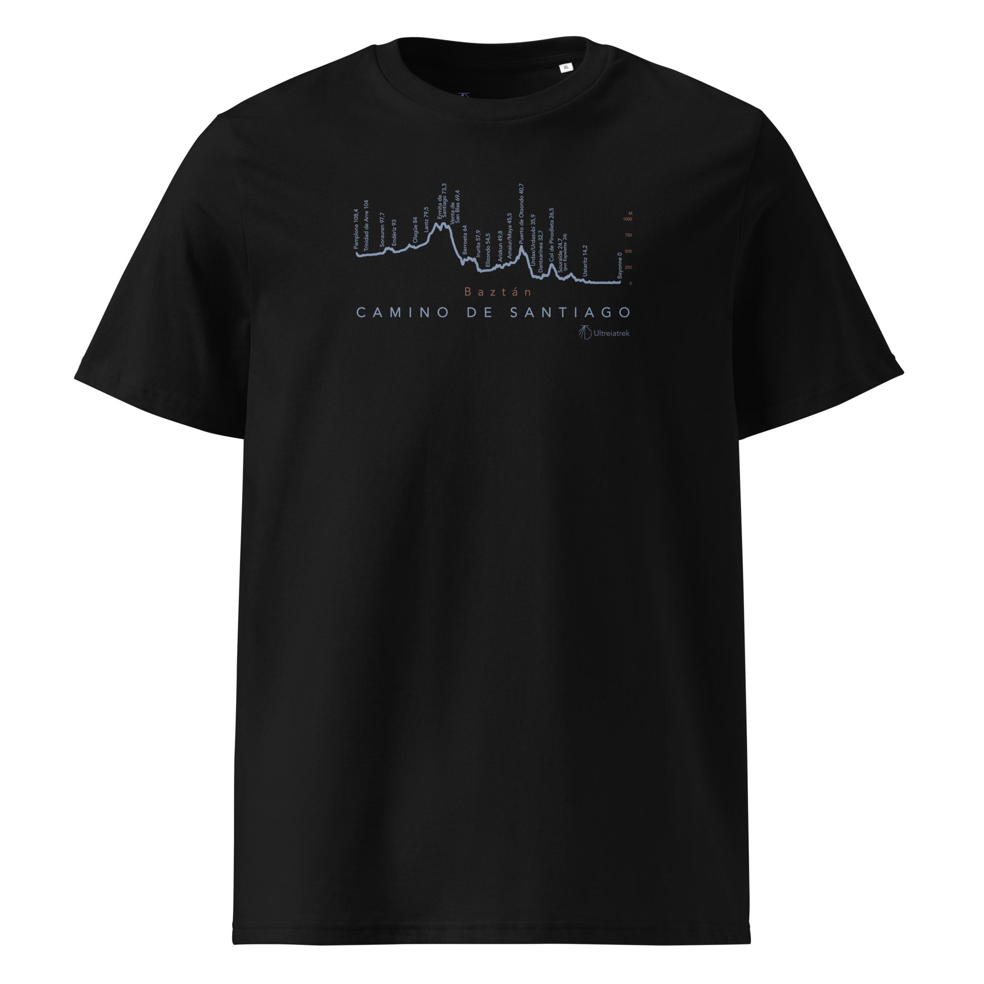 Camino de Baztán Gradient Unisex Organic Cotton T-shirt in black - front view featuring route map through the Basque Country