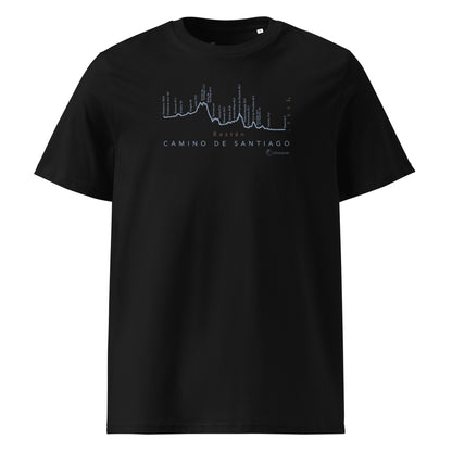 Camino de Baztán Gradient Unisex Organic Cotton T-shirt in black - front view featuring route map through the Basque Country