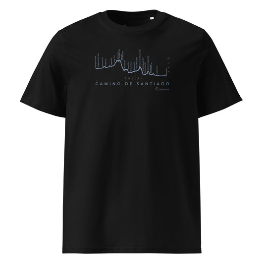 Camino de Baztán Gradient Unisex Organic Cotton T-shirt in black - front view featuring route map through the Basque Country