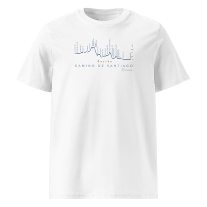 Camino de Baztán Gradient Unisex Organic Cotton T-shirt in white - front view featuring route map through the Basque Country