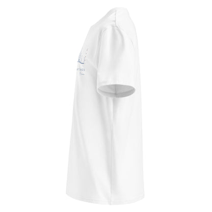 Camino de Baztán Gradient Unisex Organic Cotton T-shirt in white - left view featuring route map through the Basque Country