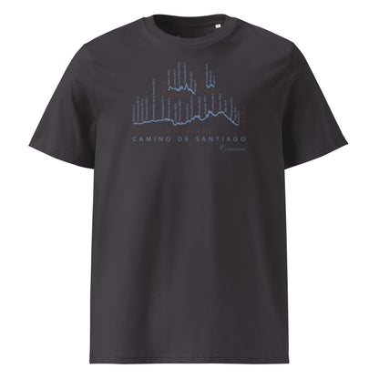 Camino Mozárabe Gradient Unisex Organic Cotton T-shirt in anthracite - front view featuring route map with three starting points from Almería, Málaga, and Jaén to Mérida