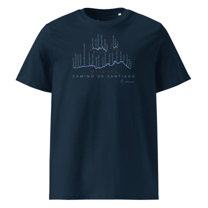 Camino Mozárabe Gradient Unisex Organic Cotton T-shirt in french navy - front view featuring route map with three starting points from Almería, Málaga, and Jaén to Mérida