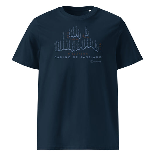Camino Mozárabe Gradient Unisex Organic Cotton T-shirt in french navy - front view featuring route map with three starting points from Almería, Málaga, and Jaén to Mérida
