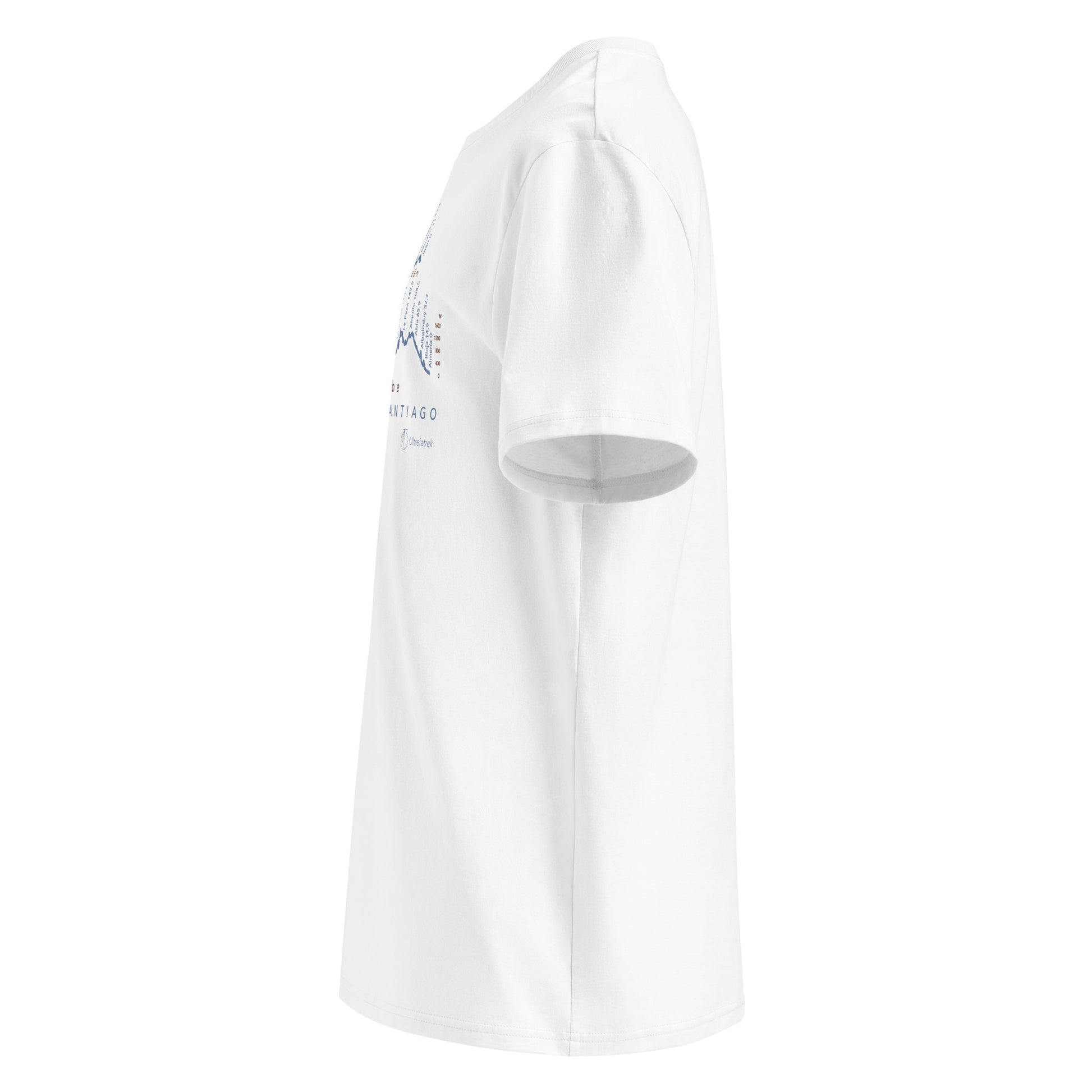 Camino Mozárabe Gradient Unisex Organic Cotton T-shirt in white - left view featuring route map with three starting points from Almería, Málaga, and Jaén to Mérida