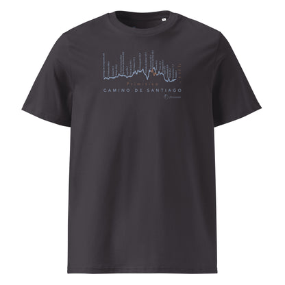 Camino Primitivo Gradient Unisex Organic Cotton T-shirt in anthracite - front view featuring the pilgrimage route from Oviedo to Santiago de Compostela with challenging terrain elevation profile