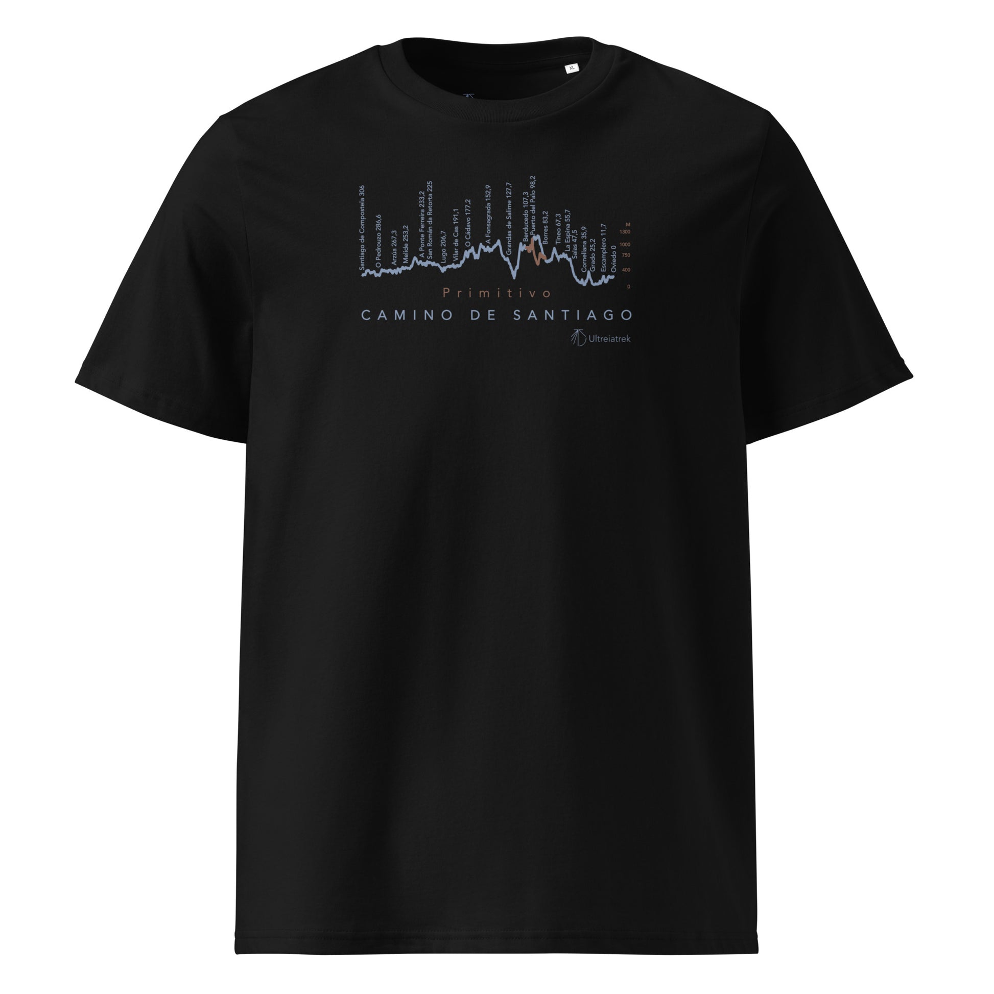 Camino Primitivo Gradient Unisex Organic Cotton T-shirt in black - front view featuring the pilgrimage route from Oviedo to Santiago de Compostela with challenging terrain elevation profile