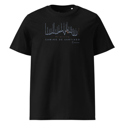 Camino Primitivo Gradient Unisex Organic Cotton T-shirt in black - front view featuring the pilgrimage route from Oviedo to Santiago de Compostela with challenging terrain elevation profile