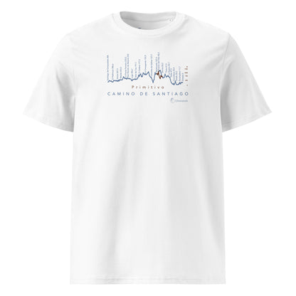 Camino Primitivo Gradient Unisex Organic Cotton T-shirt in white - front view featuring the pilgrimage route from Oviedo to Santiago de Compostela with challenging terrain elevation profile