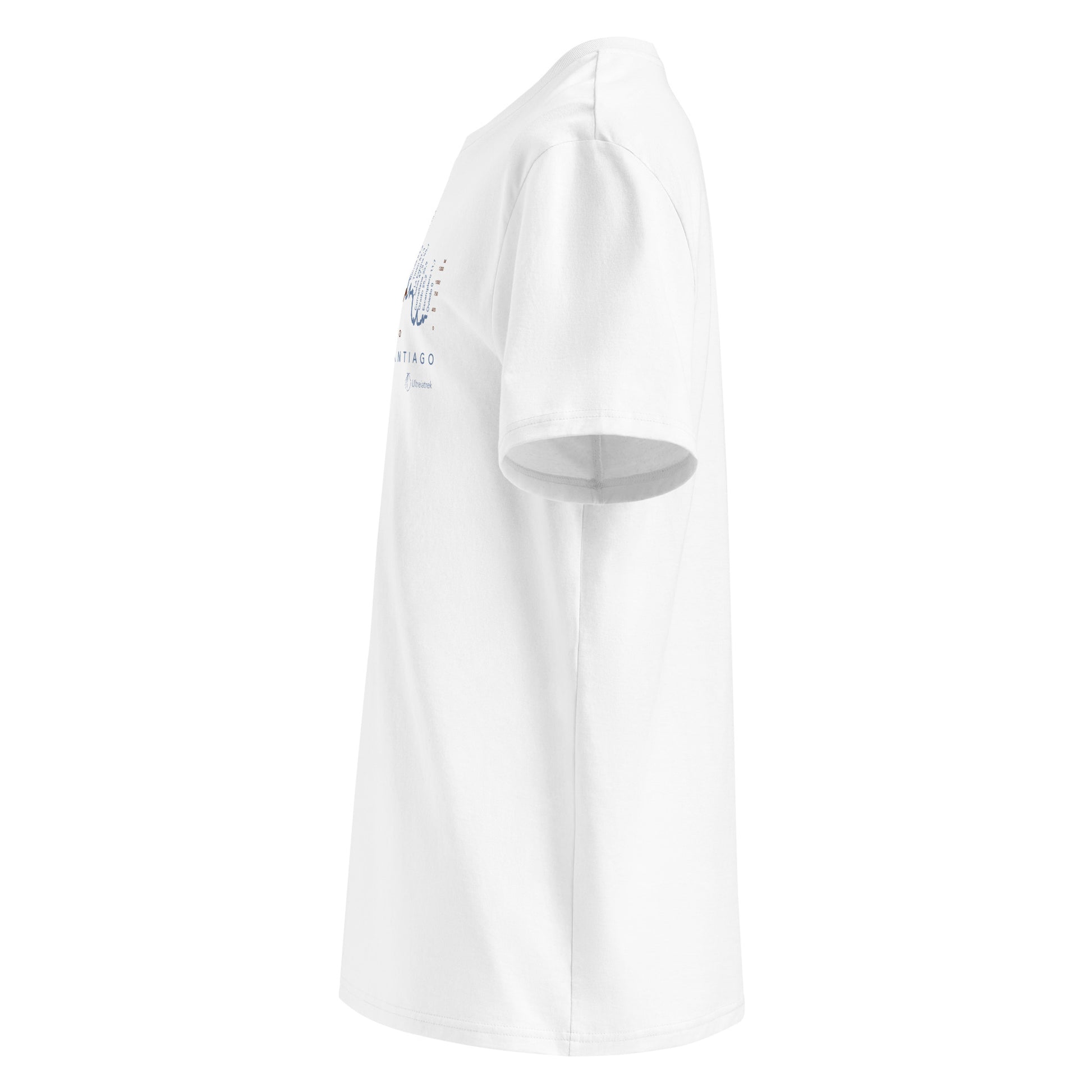 Camino Primitivo Gradient Unisex Organic Cotton T-shirt in white - left view featuring the pilgrimage route from Oviedo to Santiago de Compostela with challenging terrain elevation profile