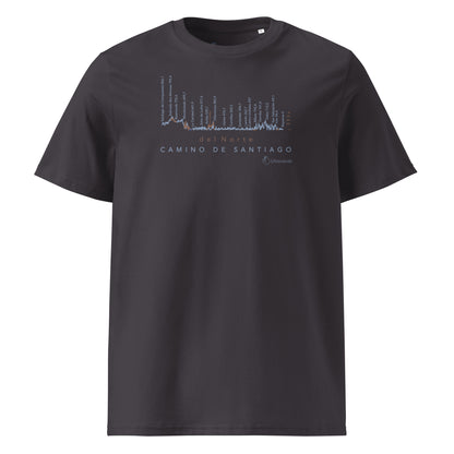 Camino del Norte Gradient Unisex Organic Cotton T-shirt in anthracite - front view featuring detailed coastal route map from Bayonne to Santiago de Compostela with elevation markers