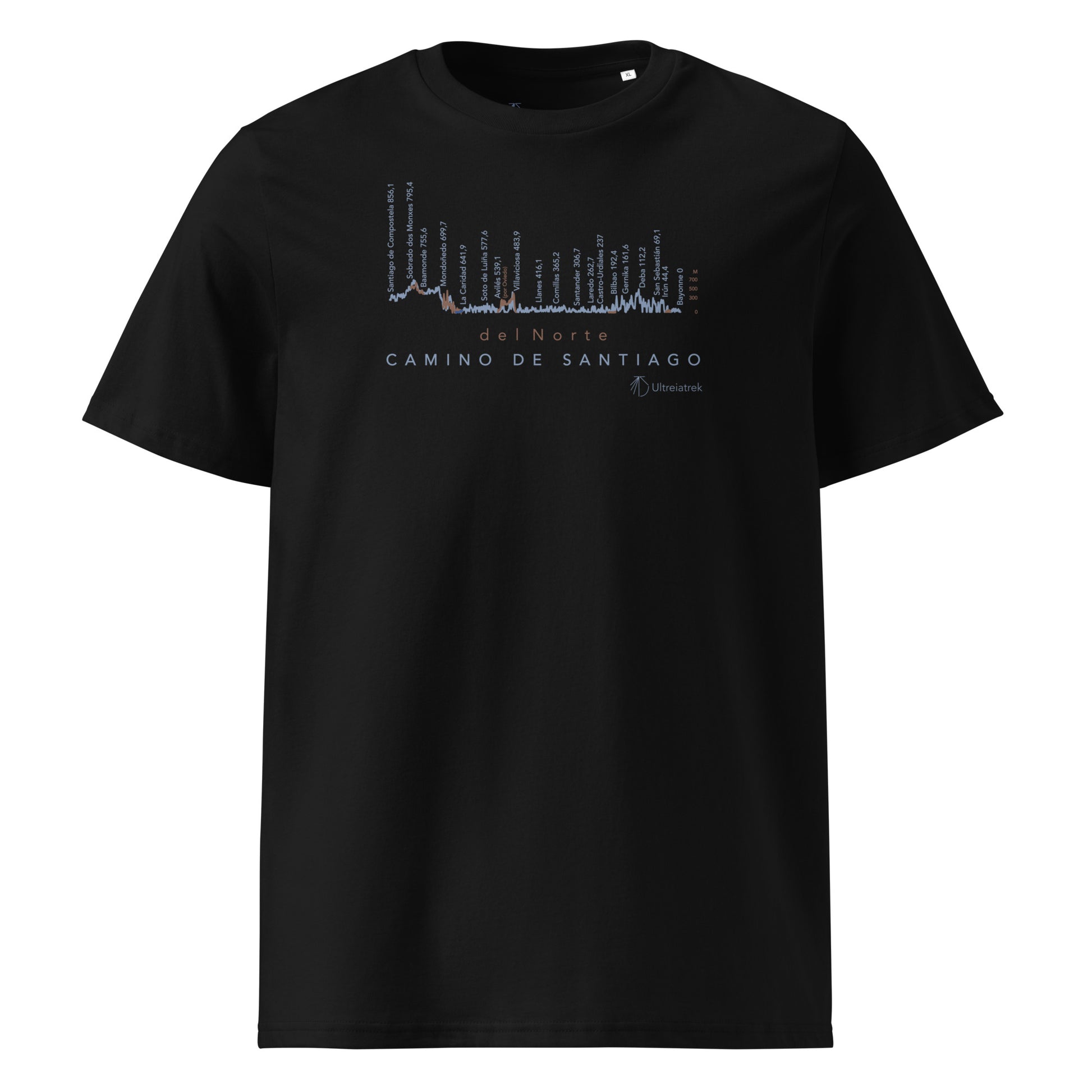 Camino del Norte Gradient Unisex Organic Cotton T-shirt in black - front view featuring detailed coastal route map from Bayonne to Santiago de Compostela with elevation markers