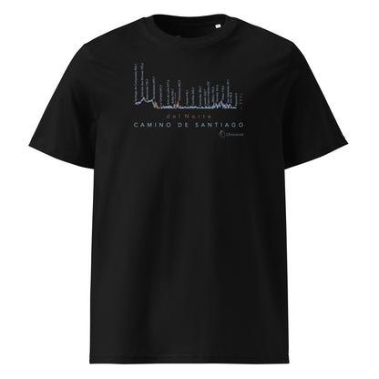 Camino del Norte Gradient Unisex Organic Cotton T-shirt in black - front view featuring detailed coastal route map from Bayonne to Santiago de Compostela with elevation markers
