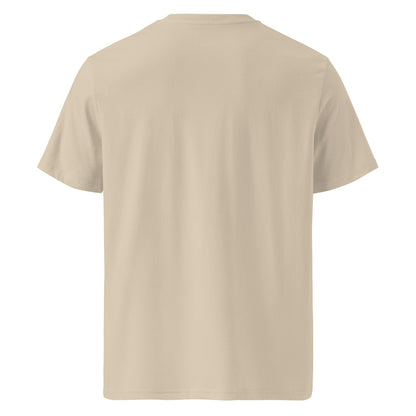 Camino del Norte Gradient Unisex Organic Cotton T-shirt in desert dust - back view featuring detailed coastal route map from Bayonne to Santiago de Compostela with elevation markers