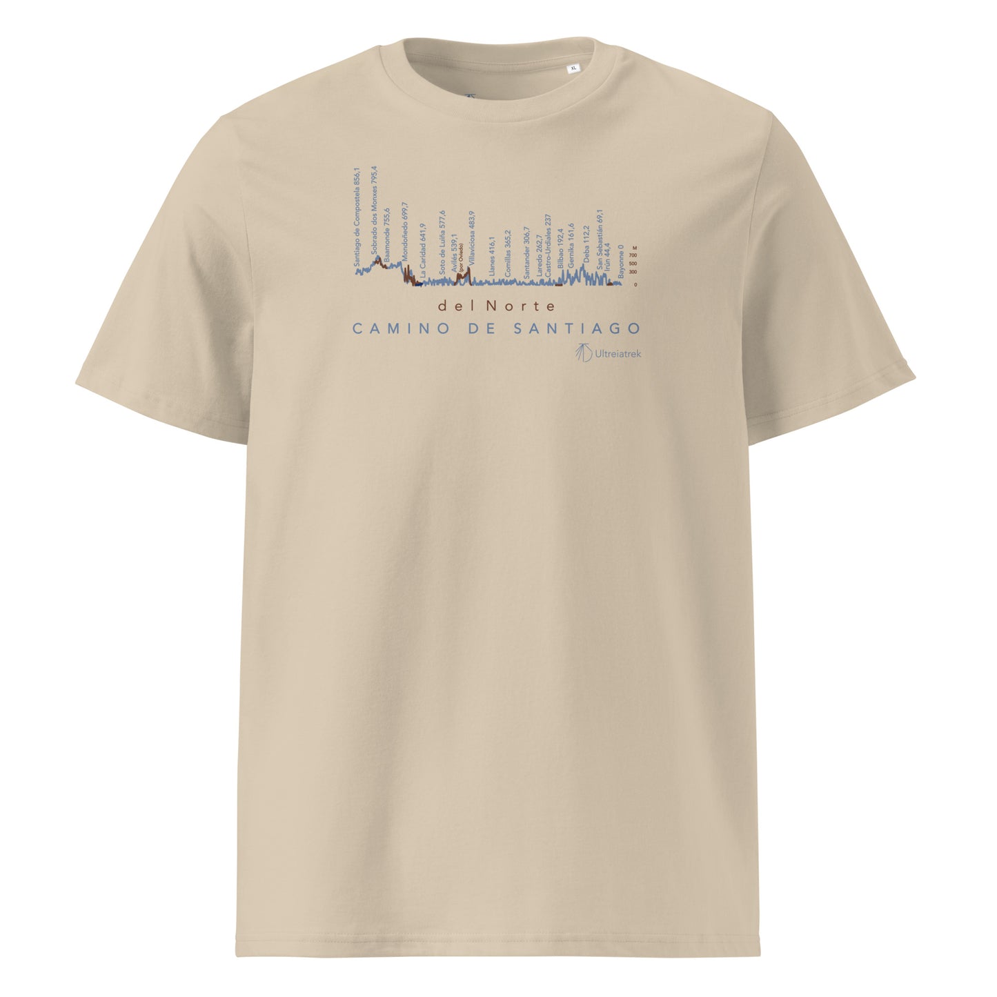 Camino del Norte Gradient Unisex Organic Cotton T-shirt in desert dust - front view featuring detailed coastal route map from Bayonne to Santiago de Compostela with elevation markers