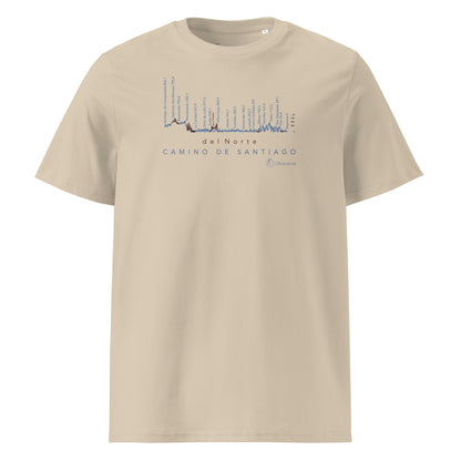 Camino del Norte Gradient Unisex Organic Cotton T-shirt in desert dust - front view featuring detailed coastal route map from Bayonne to Santiago de Compostela with elevation markers