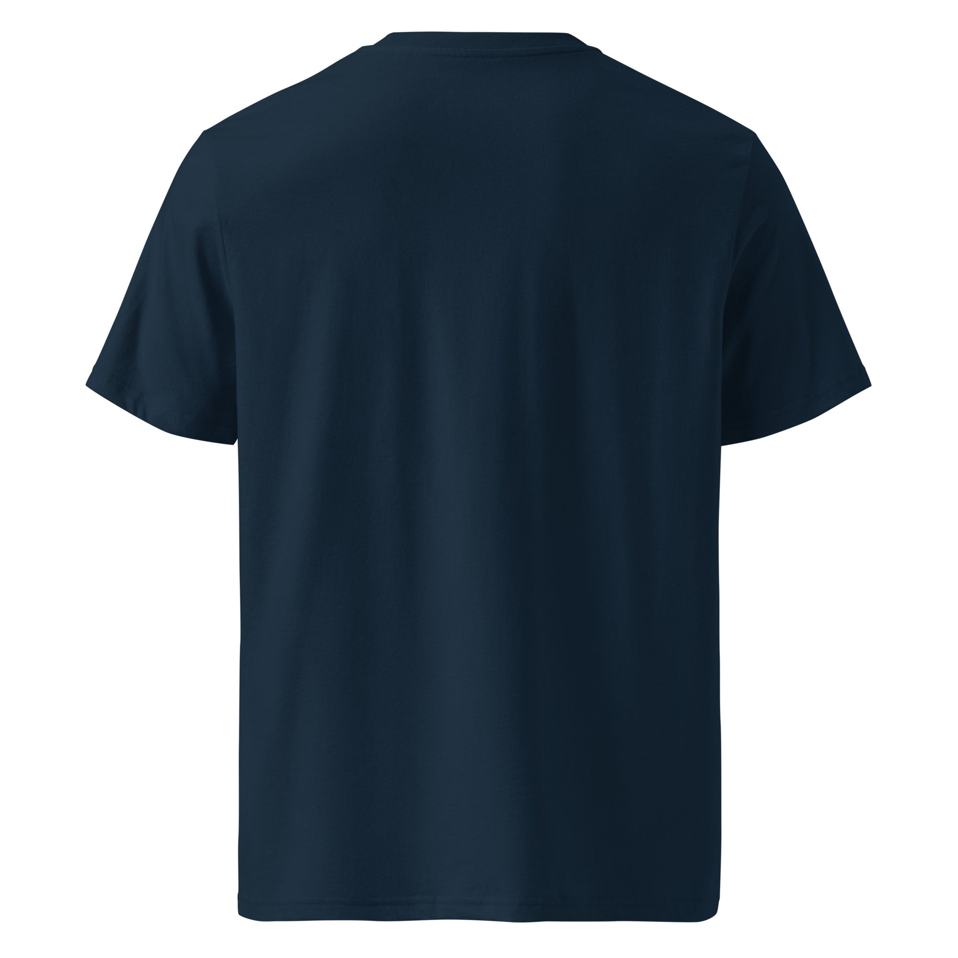 Camino del Norte Gradient Unisex Organic Cotton T-shirt in french navy - back view featuring detailed coastal route map from Bayonne to Santiago de Compostela with elevation markers