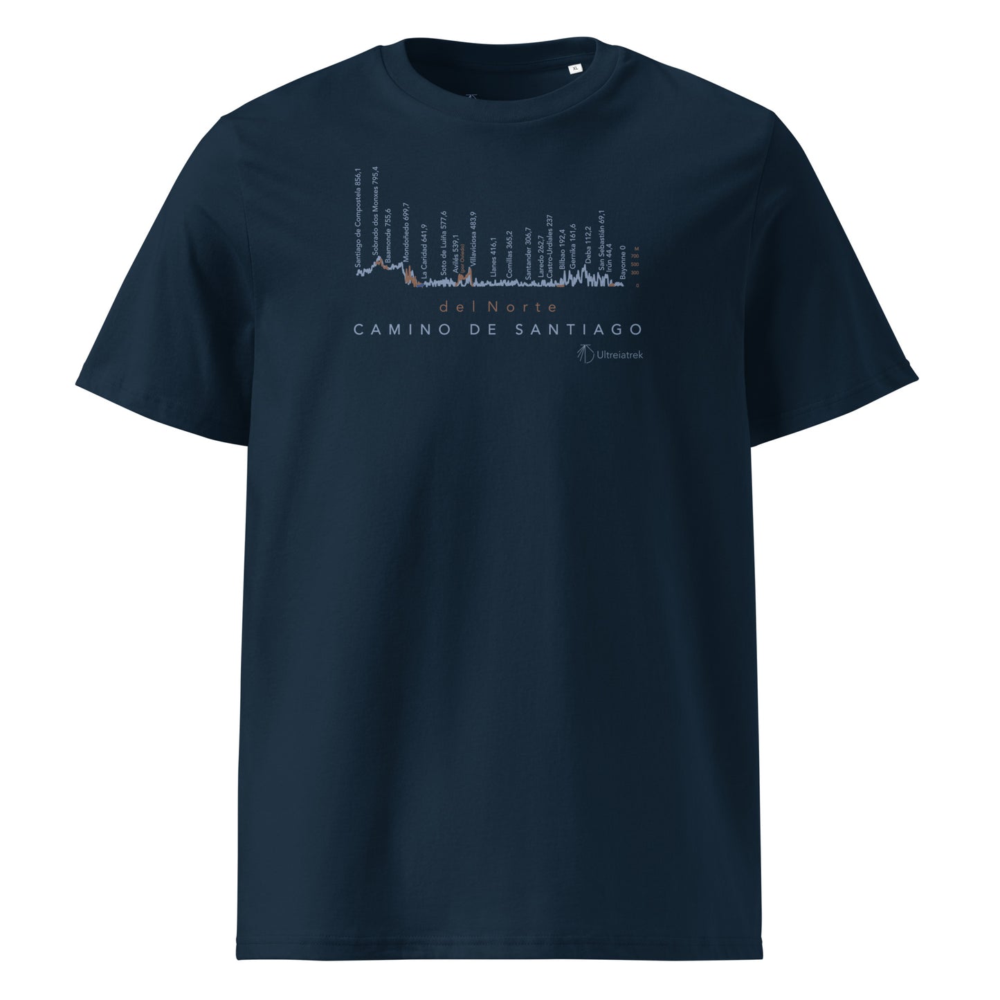 Camino del Norte Gradient Unisex Organic Cotton T-shirt in french navy - front view featuring detailed coastal route map from Bayonne to Santiago de Compostela with elevation markers