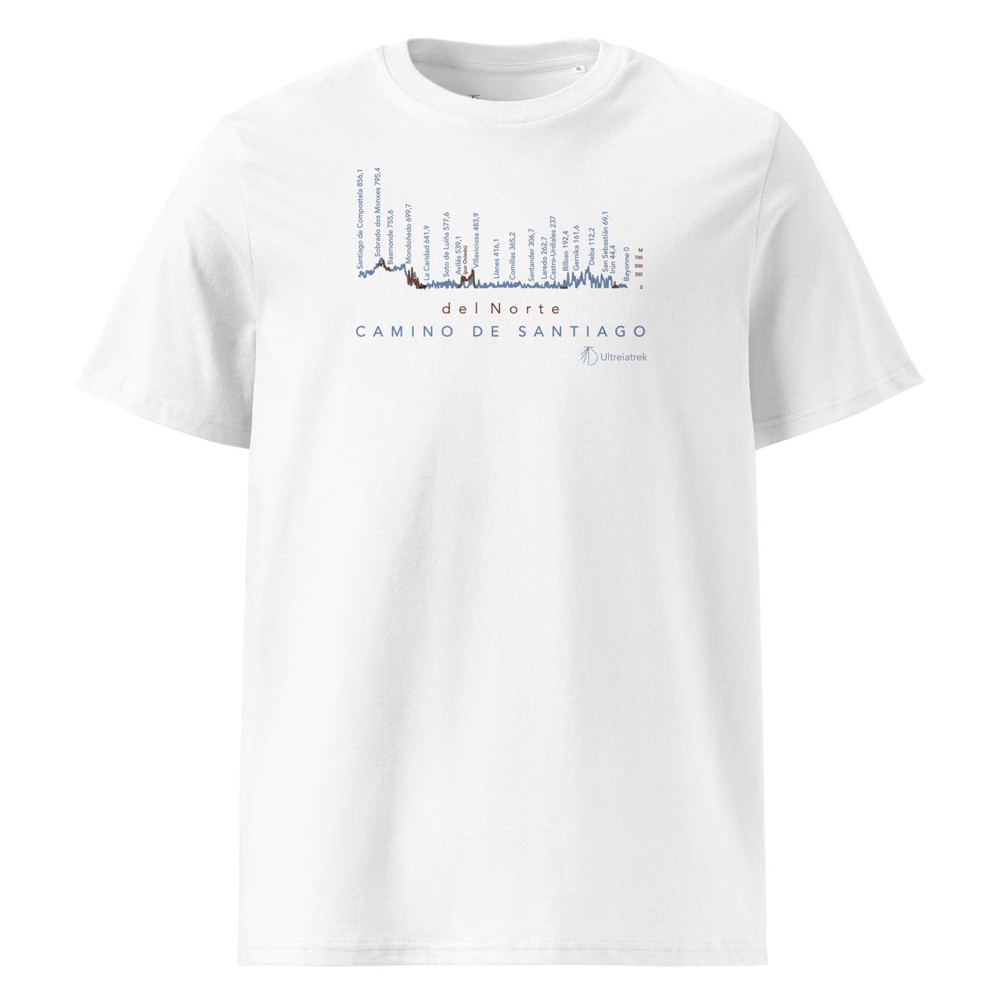 Camino del Norte Gradient Unisex Organic Cotton T-shirt in white - front view featuring detailed coastal route map from Bayonne to Santiago de Compostela with elevation markers