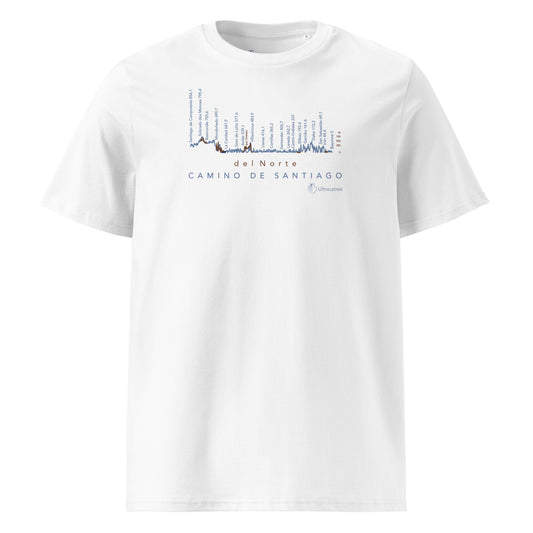 Camino del Norte Gradient Unisex Organic Cotton T-shirt in white - front view featuring detailed coastal route map from Bayonne to Santiago de Compostela with elevation markers