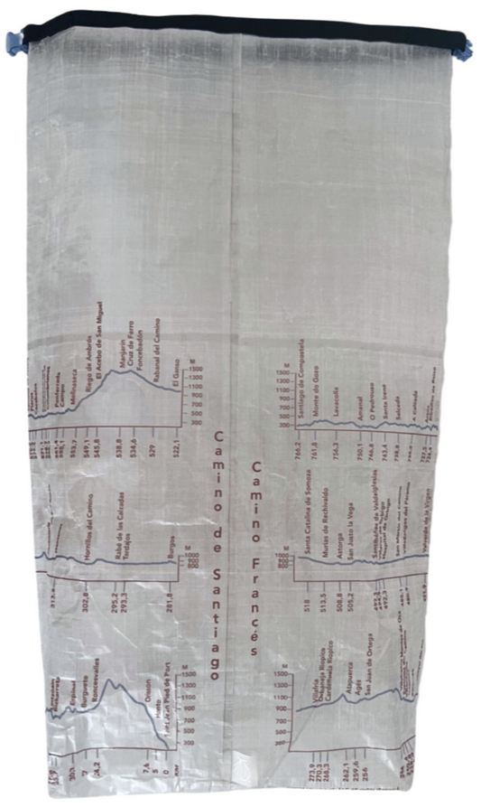 Camino de Santiago Dyneema® Clear Large Rolltop bag with Ultreiatrek design of all the towns and kilometers on the Camino Frances. Gradient is pictured in blue and names are in brown.