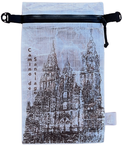 Dyneema® Valuables Holder with Cathedral of Santiago de Compostela. Front. Black YKK® Uretek Waterproof Zipper with Beastee D Rings.