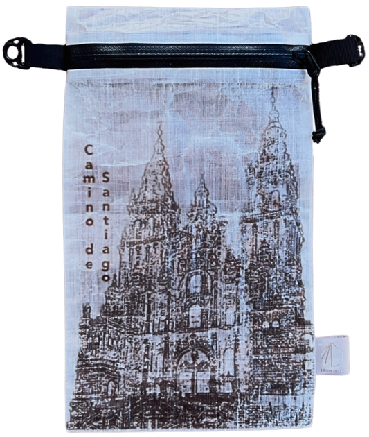 Dyneema® Valuables Holder with Cathedral of Santiago de Compostela. Front. Black YKK® Uretek Waterproof Zipper with Beastee D Rings.