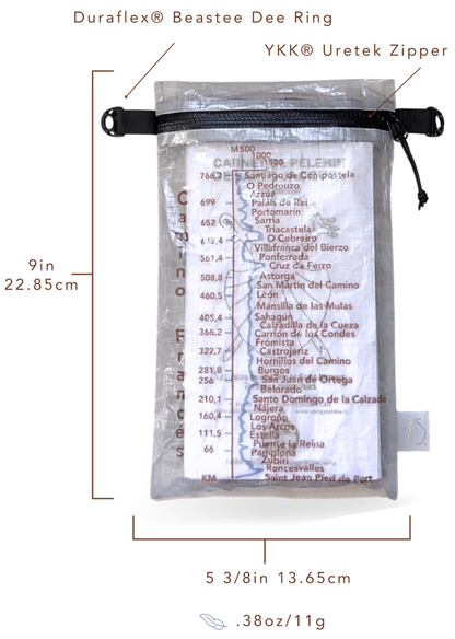 Dyneema® Valuables Holder with Camino Francés Design. Gradient and kilometers from Saint Jean Pied de Port to Santiago de Compostela. Measurements and weight. Item is shown with pilgrim's credential inside.