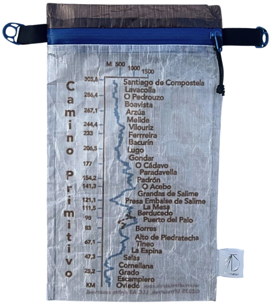 Dyneema® Valuables Holder with Camino Primitivo Design. Front Side. Gradient and kilometers from Oviedo to Santiago de Compostela.
