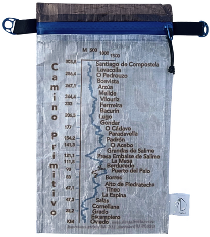 Dyneema® Valuables Holder with Camino Primitivo Design. Front Side. Gradient and kilometers from Oviedo to Santiago de Compostela.