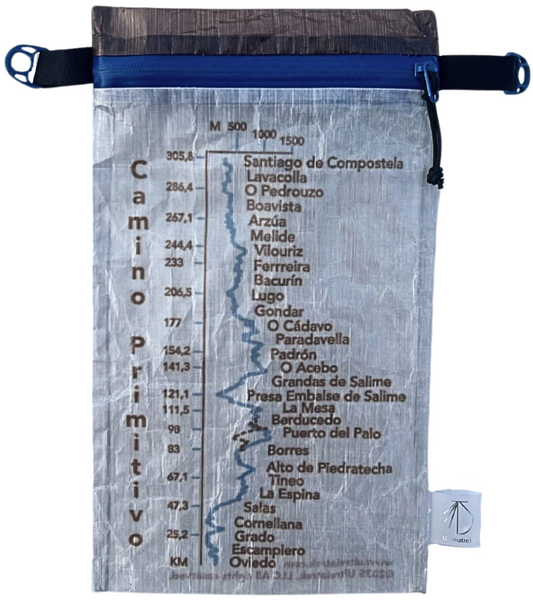 Dyneema® Valuables Holder with Camino Primitivo Design. Front Side. Gradient and kilometers from Oviedo to Santiago de Compostela.