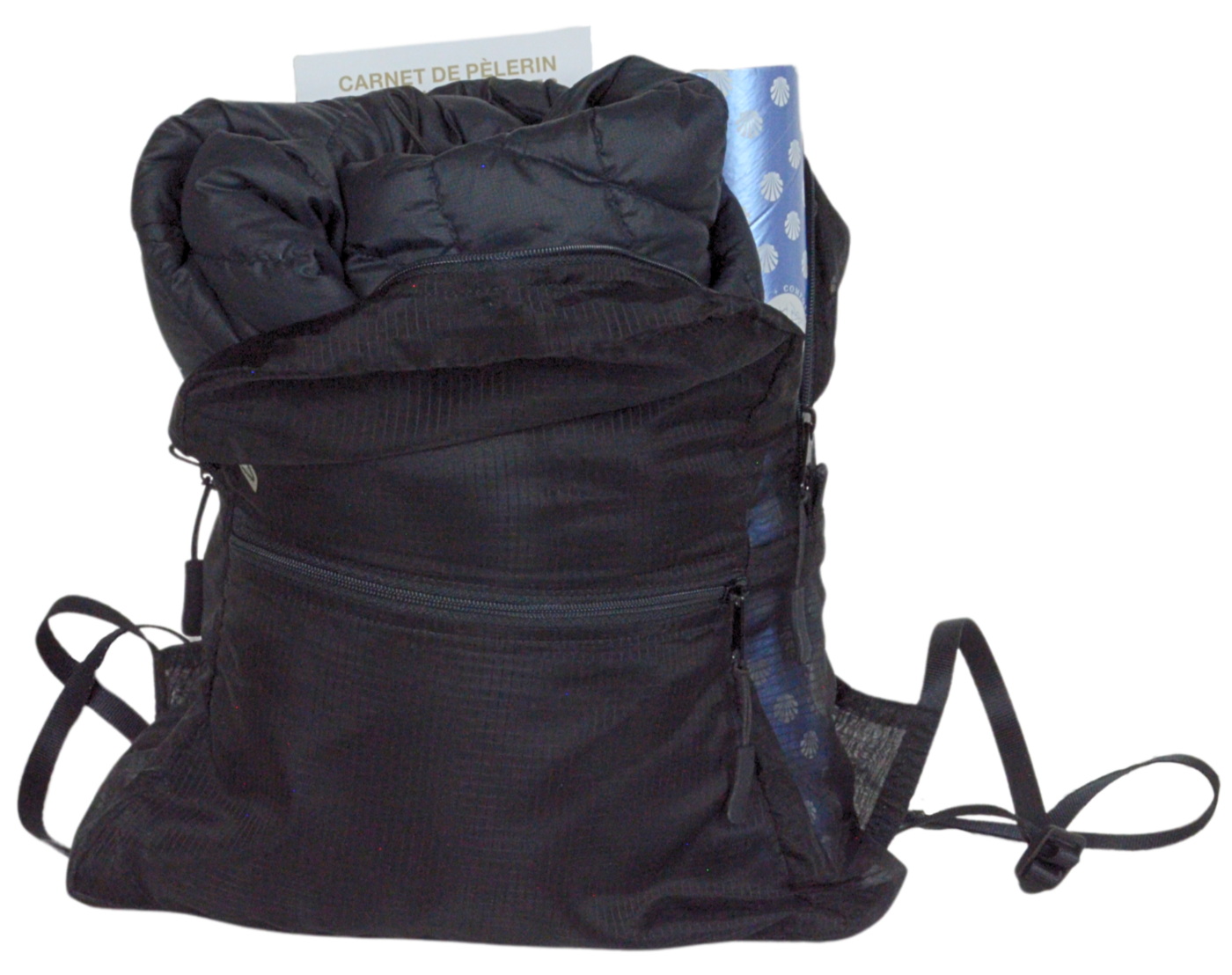 Front view of the unisex MINImalist backpack. It is black in color and made of sheer nylon fabric. It is open and shows the credential, puffy coat, and Compostela tube inside.