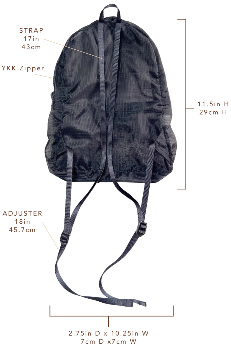 Measurements and details of the unisex MINImalist backpack. It is black in color and made of sheer nylon fabric. Backpack is empty.