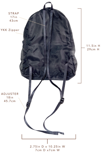 Measurements and details of the unisex MINImalist backpack. It is black in color and made of sheer nylon fabric. Backpack is empty.