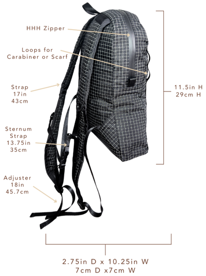 The Mighty Mini Unisex Backpack with description of measurements. 
