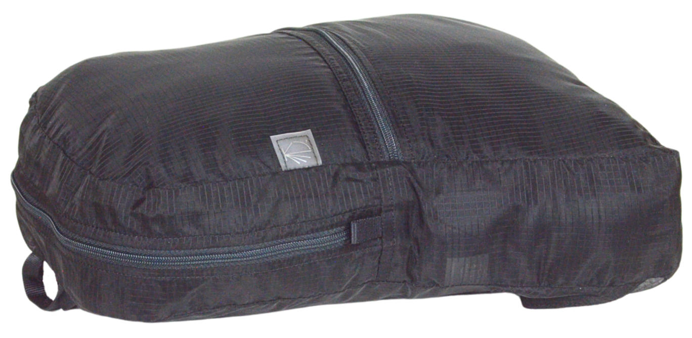 Side and partial front view of the unisex MINImalist backpack. It is black in color and made of sheer nylon fabric. 