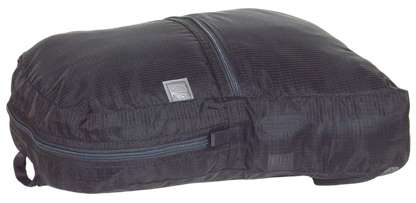 Side and partial front view of the unisex MINImalist backpack. It is black in color and made of sheer nylon fabric. 