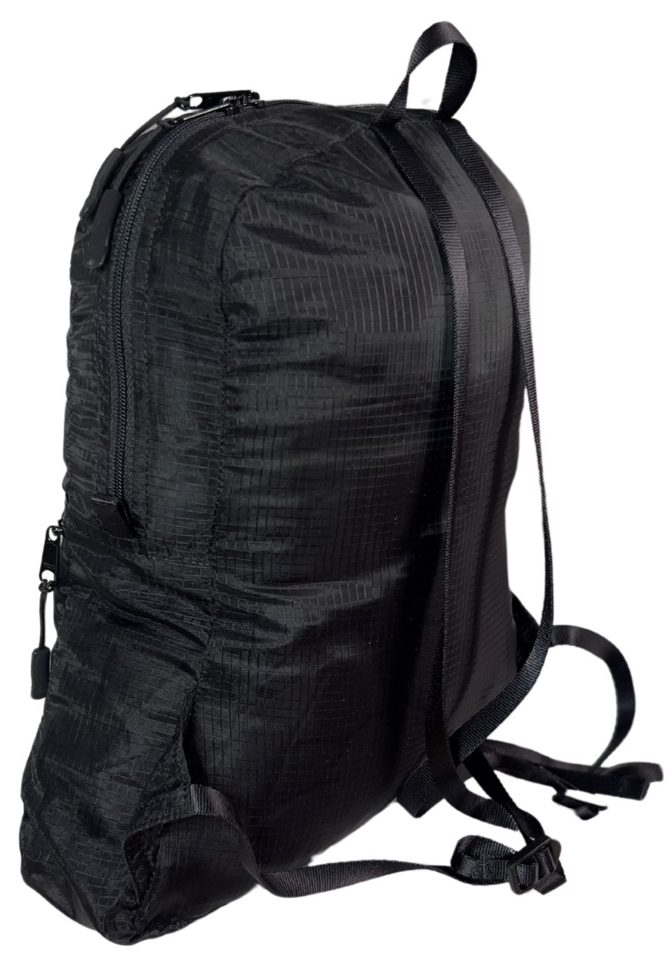 Side view of the unisex MINImalist backpack. It is black in color and made of sheer nylon fabric. 