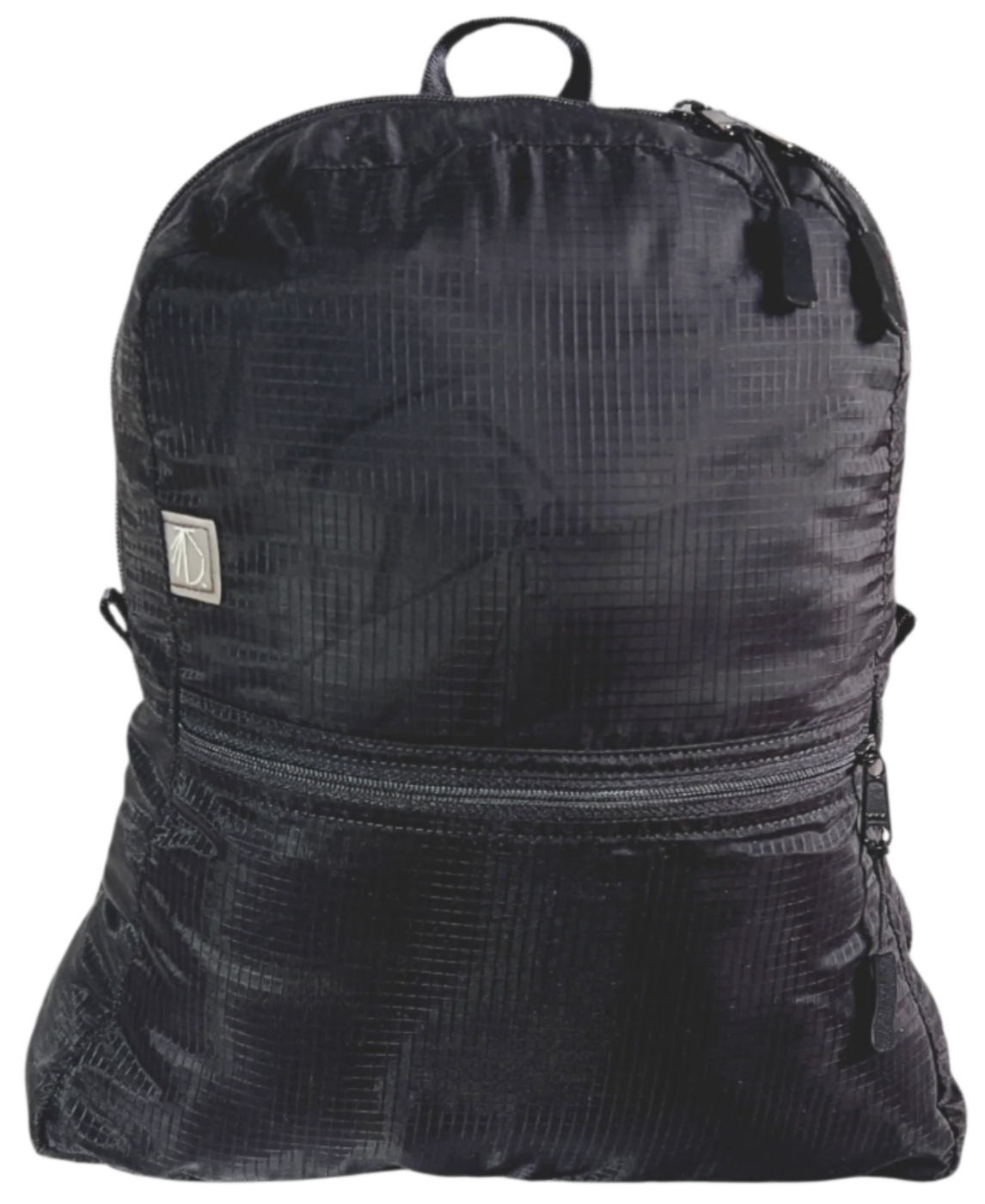 Front side of the unisex MINImalist backpack. It is black in color and made of sheer nylon fabric. 
