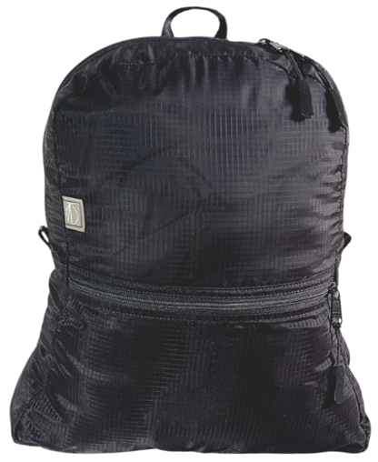 Front side of the unisex MINImalist backpack. It is black in color and made of sheer nylon fabric. 
