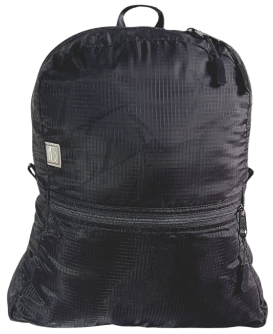 Front side of the unisex MINImalist backpack. It is black in color and made of sheer nylon fabric. 
