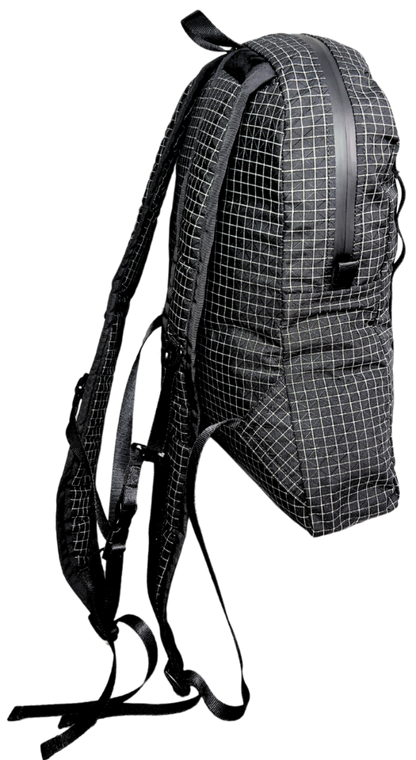 Side view of the Mighty Mini Unisex Backpack front. Black fabric with white Dyneema® reinforcement creates rectangular boxes. Shoulder straps and adjustable bottom straps visible.