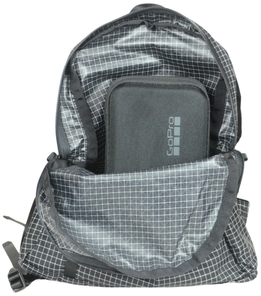 View of GoPro inside upzipped Mighty Mini Unisex Backpack. 