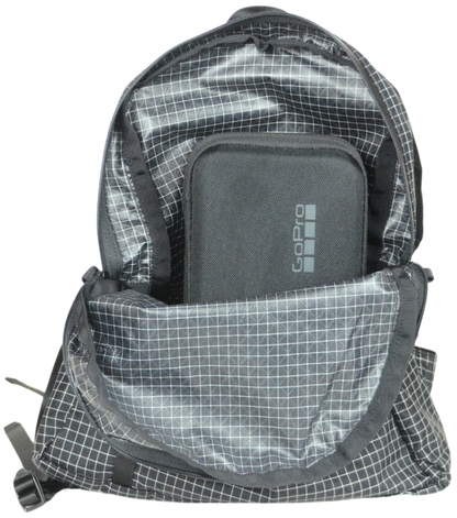 View of GoPro inside upzipped Mighty Mini Unisex Backpack. 