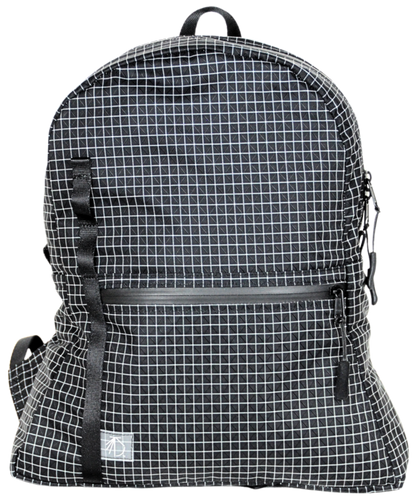Front View  of the Mighty Mini Unisex Backpack. Black fabric with white Dyneema® reinforcement creates rectangular boxes. Front pocket with matte HHH zipper. Webbing with slots for a handkerchief or carabiner. 