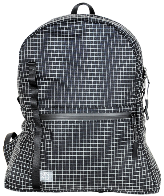 Front View  of the Mighty Mini Unisex Backpack. Black fabric with white Dyneema® reinforcement creates rectangular boxes. Front pocket with matte HHH zipper. Webbing with slots for a handkerchief or carabiner. 