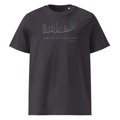 Camino Aragonés Gradient Unisex Organic Cotton T-shirt in anthracite - front view featuring detailed route elevation map from Somport to Puente la Reina through the Pyrenees