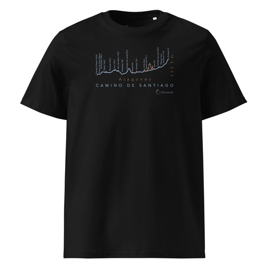Camino Aragonés Gradient Unisex Organic Cotton T-shirt in black - front view featuring detailed route elevation map from Somport to Puente la Reina through the Pyrenees