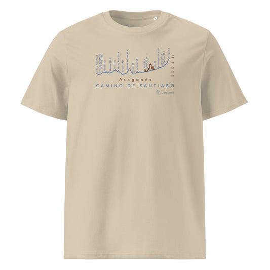 Camino Aragonés Gradient Unisex Organic Cotton T-shirt in desert dust - front view featuring detailed route elevation map from Somport to Puente la Reina through the Pyrenees